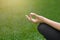 Closeup of yoga woman hand in lotus pose