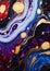 A closeup of a young designer\\\'s universe of purple, gold, and bl