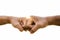 Closeup young man fist bump on the sky background. Friendship & Teamwork Concept