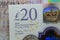 A closeup of Â£20 Twenty pounds cash money bill Sterling polymer banknote from the bank of England