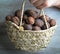 Closeupof Small wicker basket filled with whole walnuts in male hand with wooden background