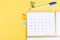 Closing month calendar for 2021 on yellow background, planning a business meeting or travel planning concept