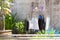 Cloth masks and sanitary masks hang on outdoor clothes racks after use.