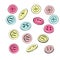 Clothes button color. Accessory, doodle, hand drawn, icon element of design. Pink yellow blue