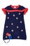 Clothes for children. A beautiful blue sleeveless dress with red collar, ruffles and with fluffy fabric balls and a hairband