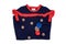 Clothes for children. A beautiful foldet blue sleeveless dress with red collar, ruffles and with fluffy fabric balls and a