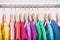 Clothes hanging on clothing rack wardrobe fashion apparel selection of rainbow color t-shirts on closet hangers. Womens