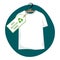 Clothes with label - 100 recycled fabric, percent sign. White t-shirt on hanger with eco label, clothing recycling