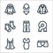 Clothes line icons. linear set. quality vector line set such as underwear, dress, babydoll, scarf, pants, socks, suit, bikini