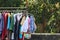 Clothes line, outdoor sunlight outdoors, hang clothes launch day in the countryside. Clothing colors in clothes
