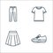 clothes and outfit line icons. linear set. quality vector line set such as sport shoe, skirt, tshirt