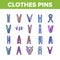 Clothes Pins Fasteners Collection Icons Set Vector