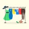 Clothes Racks with Women Wear on Hangers. Vector