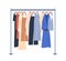 Clothes rolling rack with row of garments hanging on hangers. Wardrobe display and storage rail. Metal stand for summer