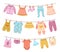 Clothes on ropes. Clothesline, kids cloth dry on lines. Children skirt socks shirt, isolated cartoon clean baby apparel