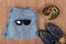 Clothes, shoes and accessories - Top view sunglasses, belt, shoe