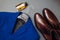 Clothes and shoes, chelsea leather boots for men. Male classic blue color fashionable jacket. 2020 trend