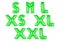 Clothes size range set, s, m, l, xs, xl, xxl, green color