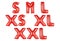 Clothes size range set, s, m, l, xs, xl, xxl, red color