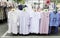 Clothes stand in a street market with a large sample of nightgowns