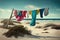 a clothesline with clothes fluttering in the wind on a beach