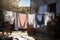 clothesline with freshly laundered towels and sheets hanging in the warm sun