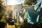 clothesline with freshly laundered towels and sheets hanging in the warm sun