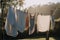 clothesline with freshly laundried towels and sheets hanging in the wind