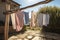 clothesline with freshly washed towels and linens drying in the sun