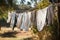 a clothesline sagging with the weight of freshly dried laundry