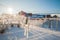 Clothespin covered with snow, one clothespin on a rope in winter