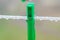 Clothespin of green color for linen. Clothespin on a rope for things. Drops of rain, sediment on pvc clothesline. Clothespin macro