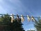 Clothespins on a clothesline against a bright blue sky