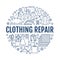 Clothing repair, alterations studio equipment banner illustration. Vector line icon of tailor store services -