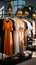 Clothing shop\\\'s hangers exhibit modern fashion, highlighting the boutique\\\'s stylish ambiance.