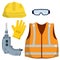 Clothing and tools the worker and Builder. Drill, goggles, Orange vest and helmet. industrial safety