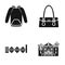 Clothing, women`s handbag and other web icon in black style. factory, burning building icons in set collection.