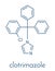 Clotrimazole antifungal drug molecule. Used in treatment of athlete`s foot, ringworm, vaginal yeast infection, oral thrush, etc..