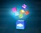 Cloud box illuminated colorful app icons floating on tech background