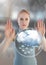 Cloud bubble and Futuristic Businesswoman touching air in front of blurred office