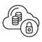 Cloud with coins and lock thin line icon. Protect finance vector illustration isolated on white. Server cloud and money