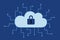 Cloud computer storage with lock safety concept symbol on blue background