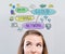 Cloud computing flowchart with young woman