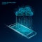 Cloud computing online storage low poly. Polygonal future modern internet business technology. Blue glowing global data