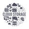 Cloud data storage circle poster with flat glyph icons. Database background, information server center, global network