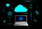 Cloud data storage interface concept. Cloud computing and laptop, wifi, money, data, and lock security Communication of business