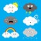 Cloud emoji icon set. Sun, rainbow, rain drop, wind, thunderbolt, storm lightning. White gray color. Fluffy clouds. Cute cartoon c