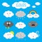 Cloud emoji icon set. White gray color. Fluffy clouds. Sun, rainbow, rain drop, wind, thunderbolt, storm lightning. Cute cartoon c
