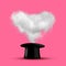 Cloud in the form of a heart, and a hat, a cylinder, on a pink background. Valentine's day, wedding background.