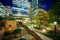 Cloud Gardens Park and modern buildings in the Financial District at night, in Toronto, Ontario.